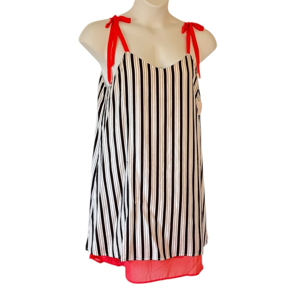 THML Sun Dress NEW Black and White Stripe with Orange Peplum and Straps Large